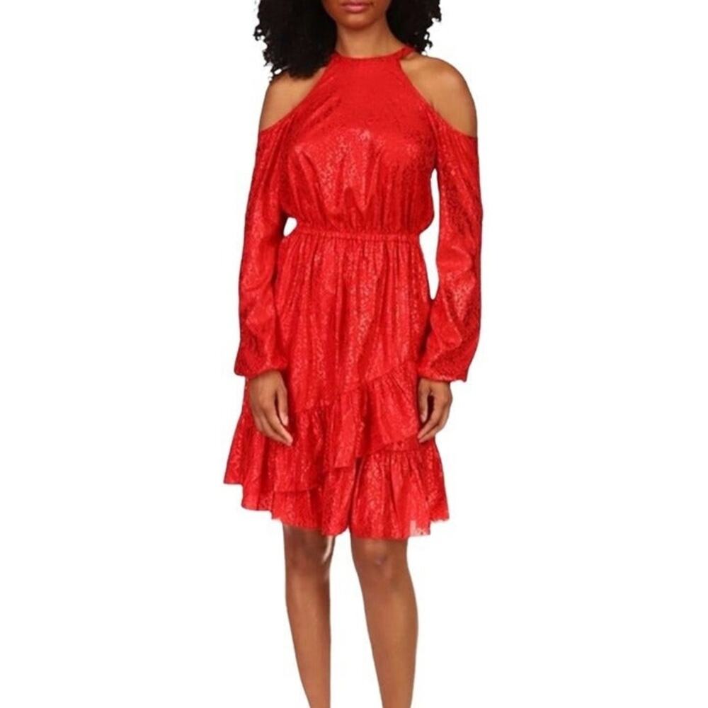 Michael Kors Rich Red Snakeskin Dress w/ Cold Shoulder Cutouts & Ruffle Accent